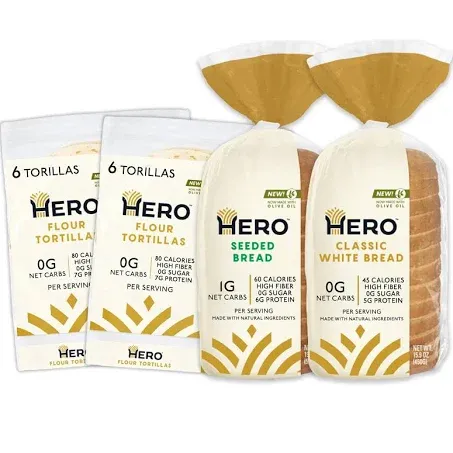 Hero Triple Threat Bundle 1g Net Carb Seeded Sandwich Bread, 0g Net Carb White Bread, 1g Net Carb Flour Tortilla | 0g Sugar, High Fiber & <100 Calories per serving | Net Low Carb & Keto-Friendly