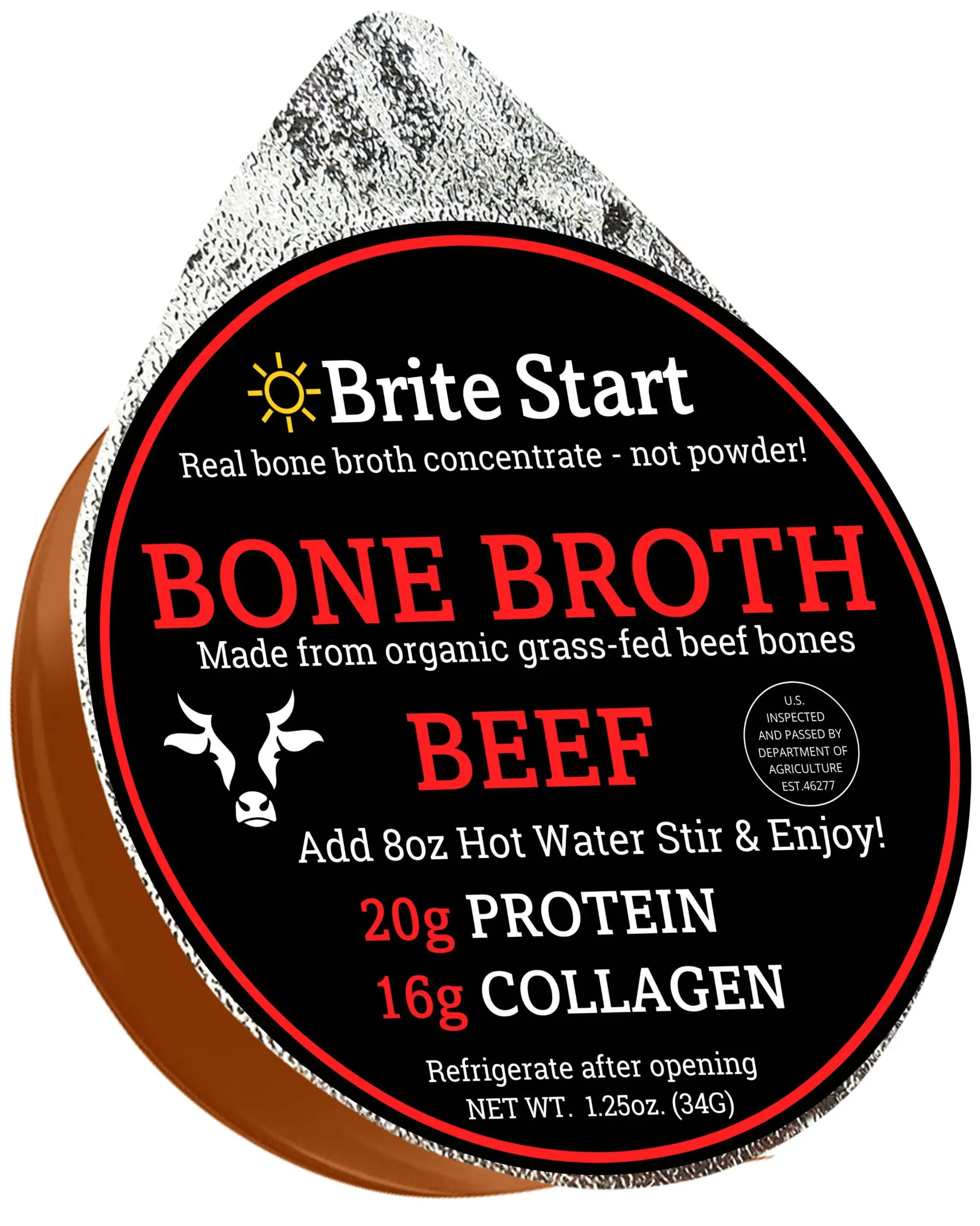 Brite Start Bone Broth - Beef Bone Broth - 12 Count - Keto Friendly Concentrate Packed with 16g Collagen, 20g Paleo Protein -Made from Grass Fed Beef Bones- Single Serve Packets