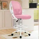 Primy Drafting Chair Tall Office Chair with Flip-up Armrests Executive Ergonomic Computer Standing Desk Chair with Lumbar Support and Adjustable Footrest Ring (Pink)