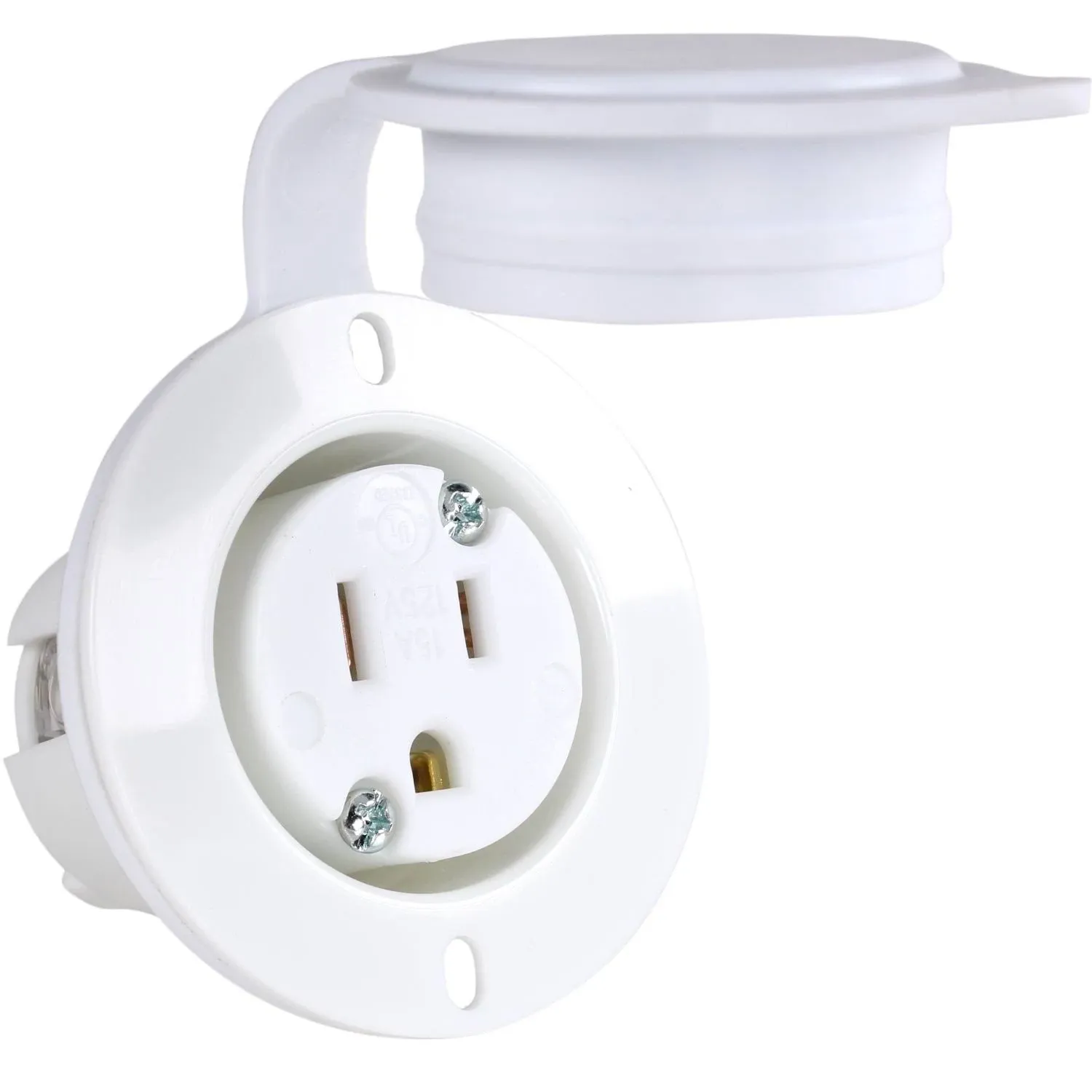 Journeyman-Pro 5279 15 Amp 120-125 Volt, NEMA 5-15 Flanged Outlet, White Commercial Grade, 2 Pole-3 Wire, Straight Blade Plug Charger Receptacle (w/Front Cover)