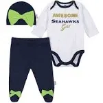 Gerber Awesome Seahawks Baby Girl Bodysuit, Footed Pant & Cap Set