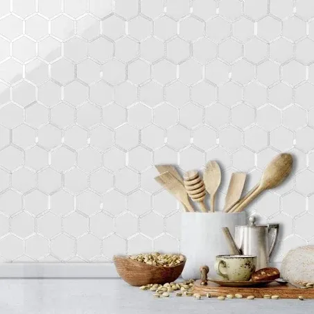 DICOFUN 10-Sheet Hexagon Peel and Stick Backsplash Tile, Polished White Tile Look Mixed Silver Kitchen Backsplash Peel and Stick Wall Tiles