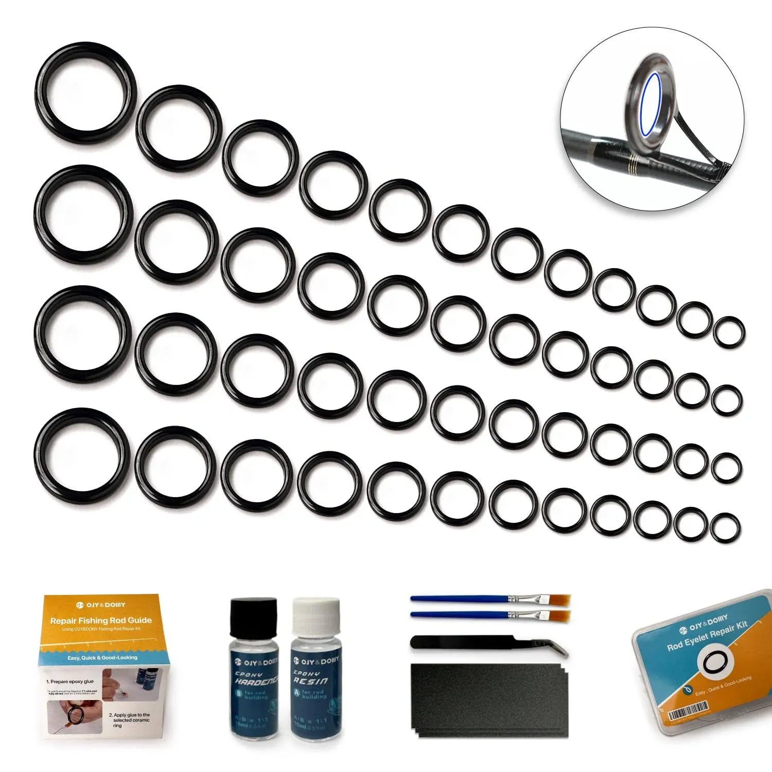 Fishing Rod Repair Kit Ceramic Eyelet Inserts Kit with Fishing Rod Epoxy Glue