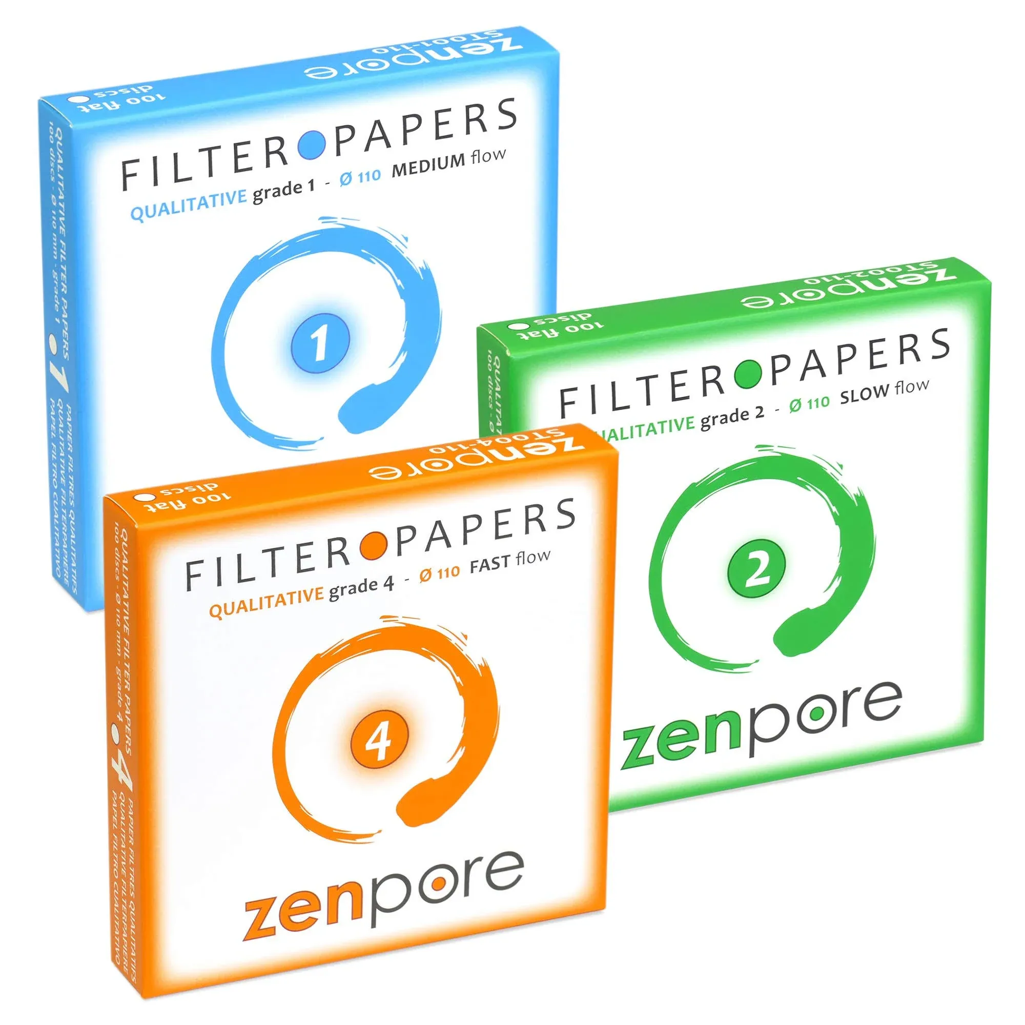 Qualitative Filter Paper 9 cm, Standard Grades 1, 2, 4 - ZENPORE Fast, Medium, Slow Flow 90 mm (Bundle of 3 x 100 Discs)