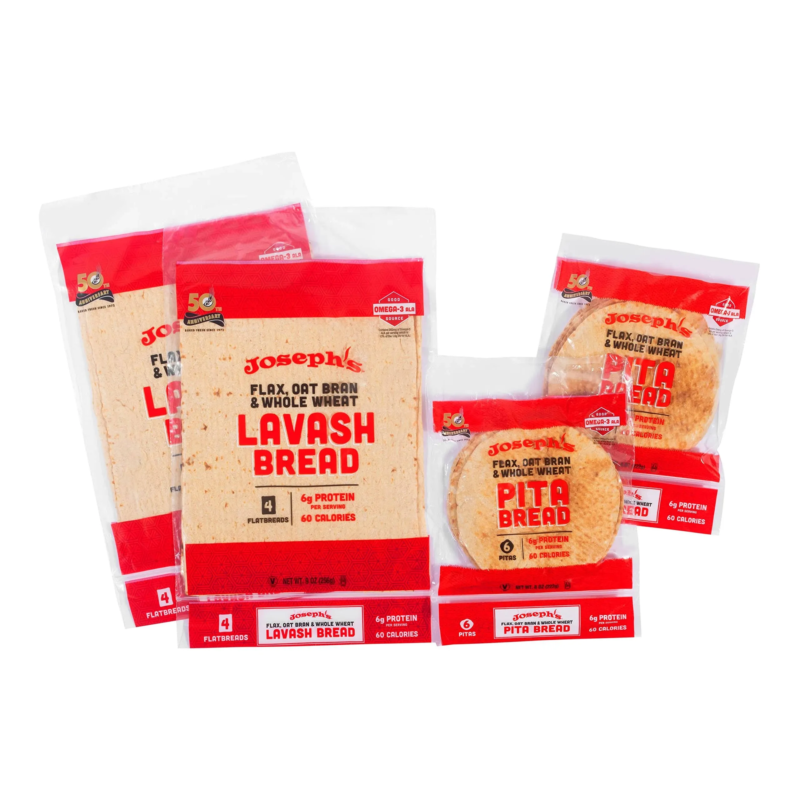 Joseph's 4-Pack Value Variety Bundle, Flax Oat Bran Whole Wheat 2 x Lavash Bread