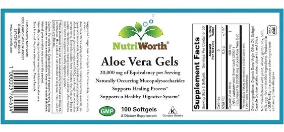 Aloe Vera Supplement (100 Softgels) 20,000mg Pure Gel Equivalency – Made with Organic Aloe Vera