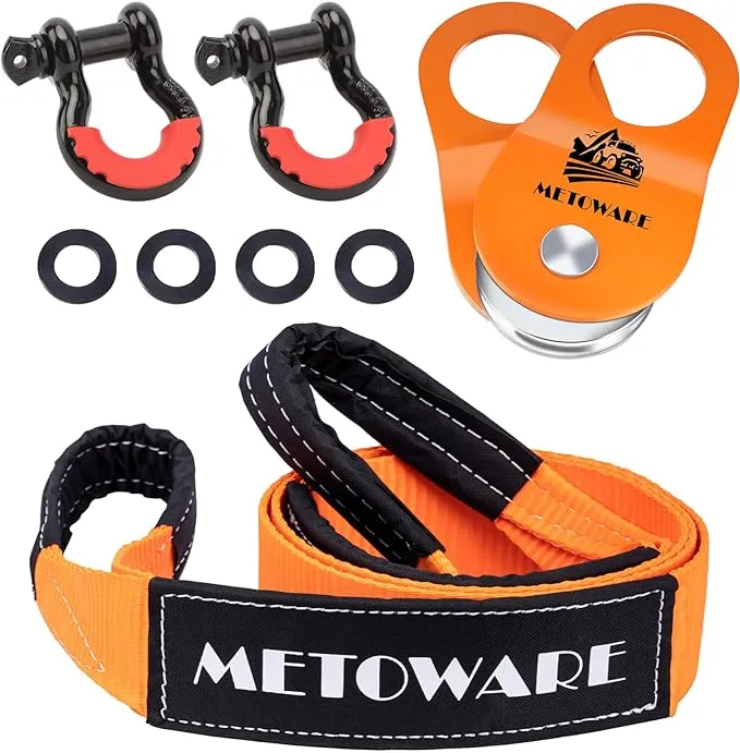 METOWARE Offroad Recovery Kit - 10 Ton Heavy Duty Winch Snatch Block Pulley, 3" x8' Tree Saver Strap and 2pk 3/4" D Ring Shackles