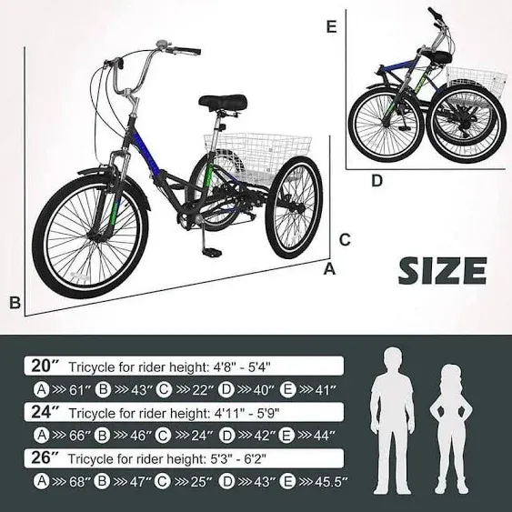 FICISOG 26" Adult Folding Tricycle 7 Speed 3-Wheel Bike Cruiser Trike with Large Shipping Basket, Unisex