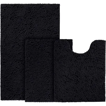 BYSURE Black Bathroom Rugs Sets 3 Piece Non Slip Extra Absorbent Plush Chenille Soft Washable Bath Rugs and Mats Set