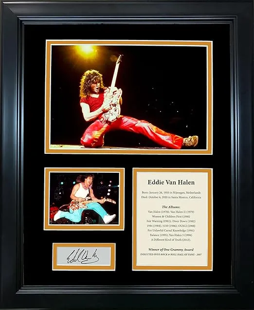 HOFSM.COM Hall of Fame Sports Memorabilia Framed Eddie Van Halen Facsimile Laser Engraved Signature Auto 12 inchx15 inch Music Photo Collage