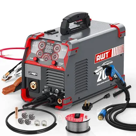 AWT MIG Welder, 200Amp 8 in 1 Gas MIG/Gasless Flux Core MIG/Stick/Lift TIG/Spot Welding/Spool Gun Aluminum MIG Welder, 110/220V Dual Voltage, Multi-Process Welding Machine With LED Digital Display