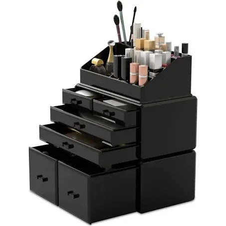 READAEER Makeup Organizer 3 Pieces Cosmetic Storage Case with 6 Drawers (Black)