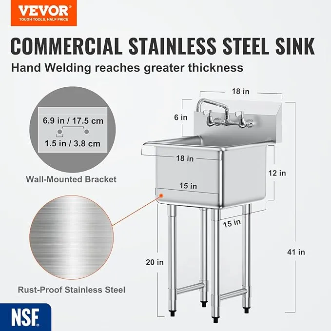 VEVOR Stainless Steel Prep & Utility Sink, 1 Compartment Free Standing Small Sink Include Faucet legs, 21''x41'' Commercial Single Bowl Sinks for Garage, Restaurant, Laundry, NSF Certified, Silver