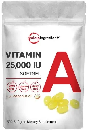 Micro Ingredients Maximum Strength Vitamin A 25000 IU | 500 Softgels with Coconut Oil for Better Absorption | Essential Vitamins for Vision, Growth, & Reproduction | Non-GMO, Easy to Swallow