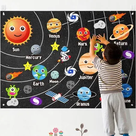 WATINC 44Pcs Outer Space Felt Story Board Set 3.5 Ft Solar System Universe Storytelling Flannel Interactive Play Kit with Hooks Astronaut Planets Alien Galaxy Reusable Wall Hanging Gift for Boys Girls