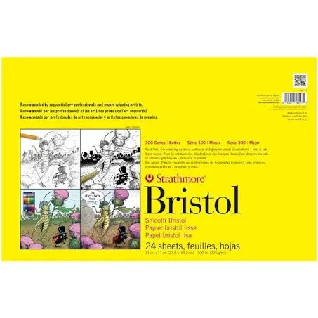 Strathmore 300 Series Bristol Paper Pad, Smooth, Tape Bound, 11x17 inches, 24 Sheets (100lb/270g) - Artist Paper for Adults and Students - Markers, Pen and Ink