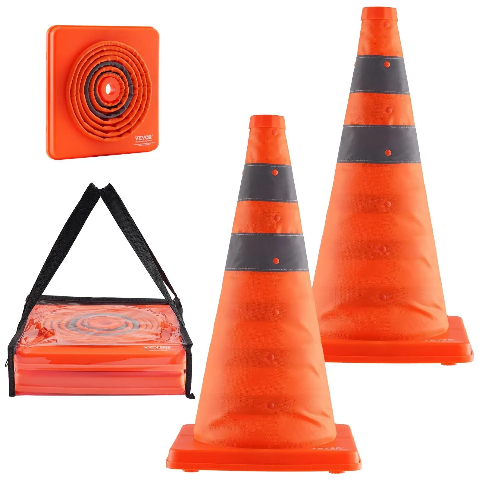 VEVOR Safety Cones, 4 Pack 28 inch Collapsible Traffic Cones, Construction Cones with Reflective Collars, Wide Base and A Storage Bag, for Traffic Control, Driving Training, Parking Lots