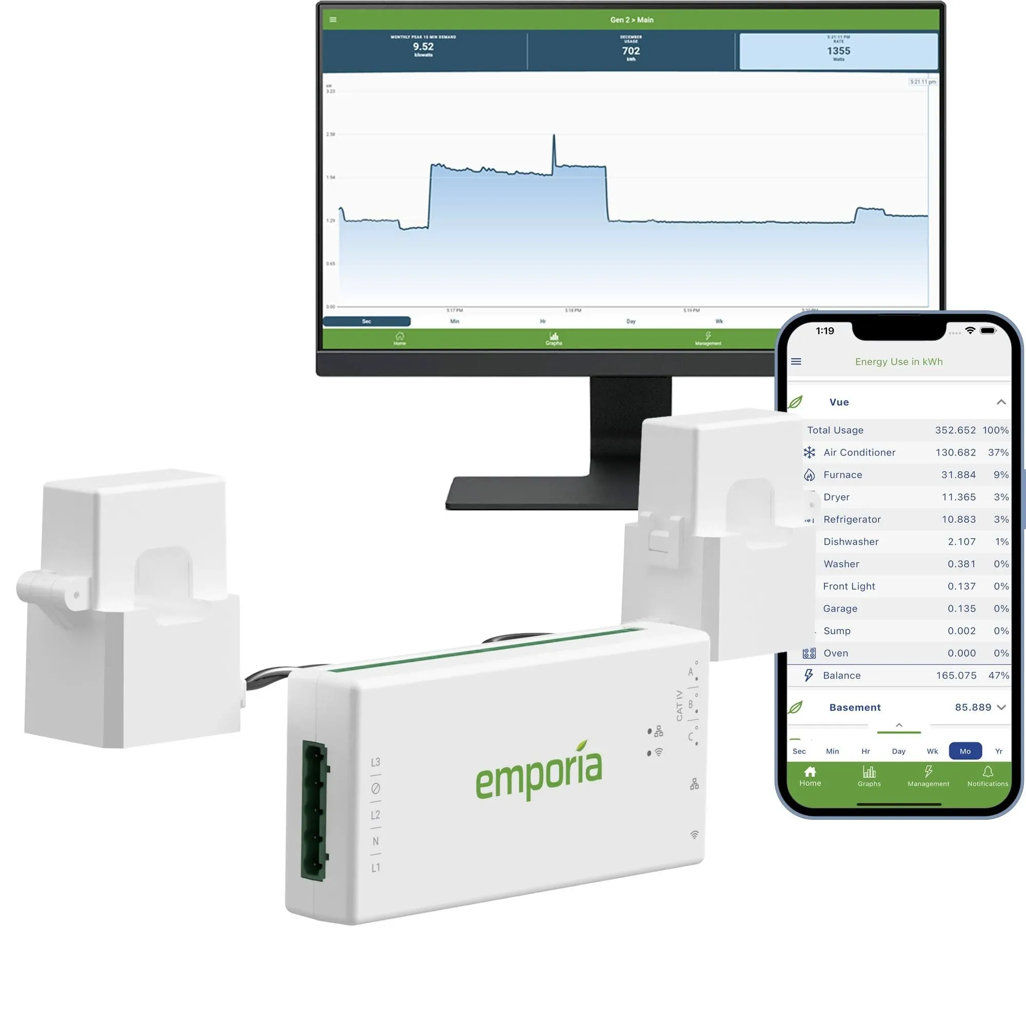 Emporia Gen 3 Smart Home Energiemonitor | Automatisierung und Steuerung von Energie zu Hause | Echtzeit-Stromüberwachung/Messgerät | Solar-/Netzmessung