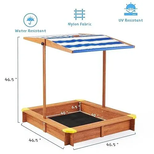 SoliWood Kid's Sandbox with Cover, 46''x46'' Outdoor Wooden Sandpit w/Adjustable Canopy for Backyard Play