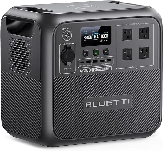 BLUETTI Portable Power Station AC180, 1152Wh LiFePO4 Battery Backup w/ 4 1800W (2700W peak) AC Outlets, 0-80% in 45 Min., Solar Generator for Camping, Off-grid, Power Outage