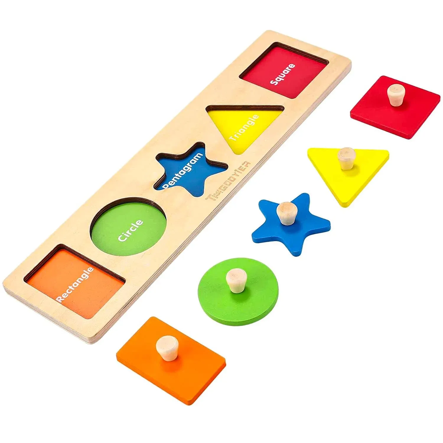 QODOFLR First Shapes Knob Chunky Wooden Peg for Baby，Geometric Shape Sorting Toy, Montessori Educational Learning Peg Puzzle，Great Preschool Puzzles