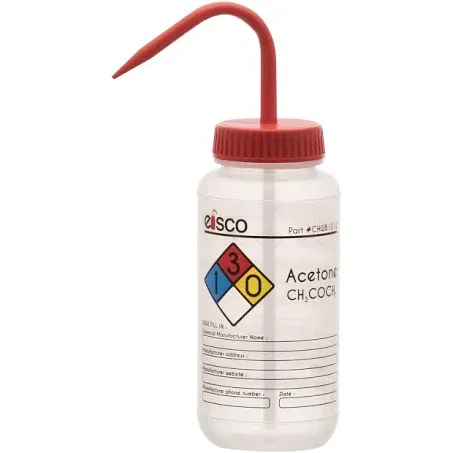 EISCO Wash Bottle for Acetone, 500ml - Labeled with Color Coded Chemical & Safety Information (4 Colors) - Wide Mouth, Self Venting, Low Density Polyethylene Labs