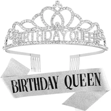 CAVETEE Silver Birthday Crowns for Women Birthday Queen Sash and Tiara for Women Silver Birthday Party Decorations for Women Birthday Sash and Crown for Women