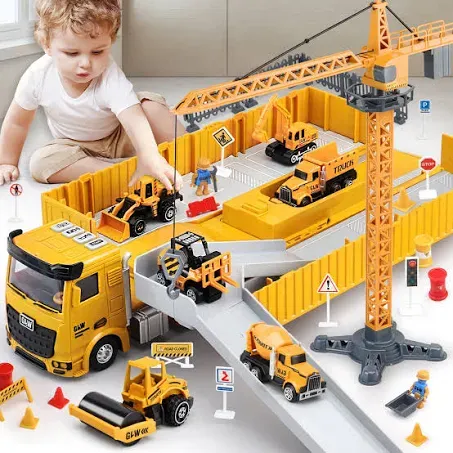 Kids Construction Toys, Construction Truck Toys Set w/Crane, Excavator, Forklift,Bulldozer,Dump Trucks,Cement Truck,Road Roller, Alloy Construction Vehicle Toys for 3 4 5 6 7 Years Old Boys Gifts