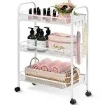 TOOLF 4-Tier Rolling Cart, Metal Utility Cart with 3 Hooks, Easy Assemble Mobile Storage Trolley On Wheels, Metal Shelving Units Kitchen Bathroom Laundry Room