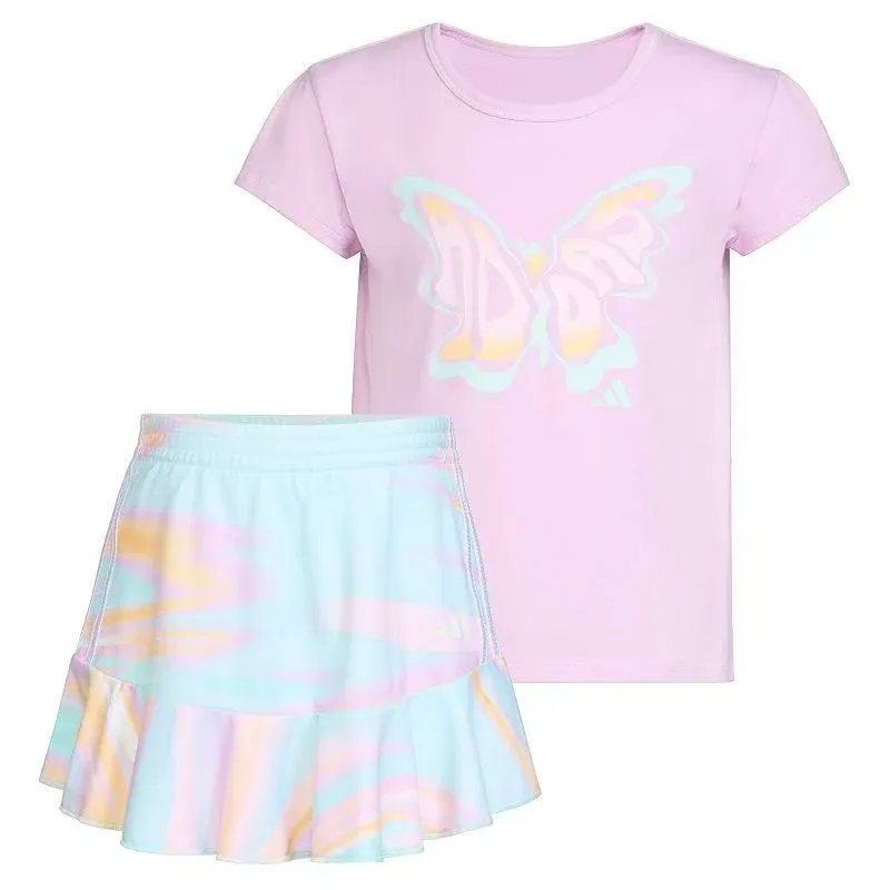 adidas Girls 2 Piece Ruffle Skort & T-Shirt Skirt Set