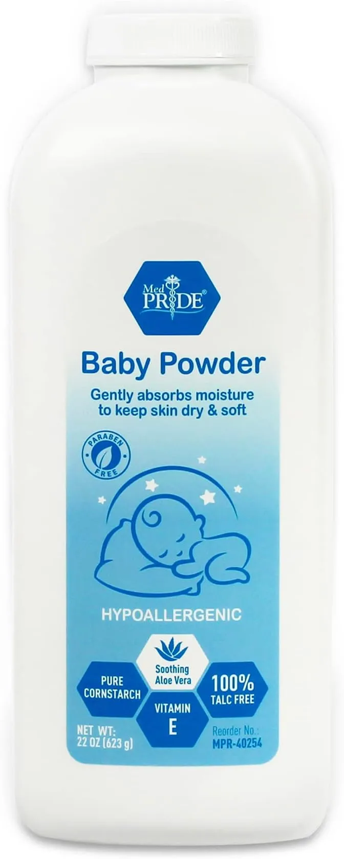 Med Pride Hypoallergenic Baby Powder 100% Talc Free with Aloe Vera & Vitamin E- Pure Cornstarch Absorbent Baby Powder for Moisture Protection, Diaper