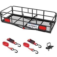 KING BIRD Folding 60" x 24" x 14" Hitch Cargo Carrier Fits 2" Receiver, 500 Lbs Capacity Cargo Basket with License Plate Device, Hitch Stabilizer and Ratchet Straps