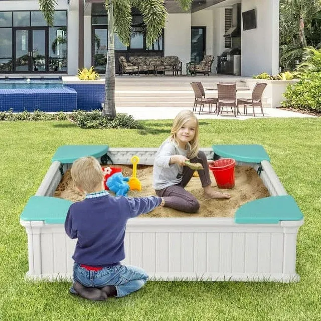 Infans Kids Outdoor Sandbox 48.5  x 48.5  x 12.5  Large HDPE Sandpit with Oxford Cover