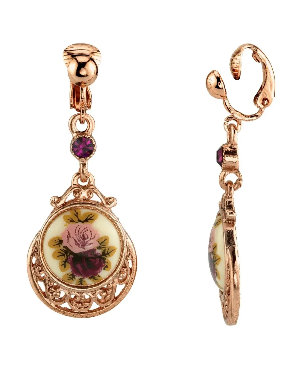 1928 Rose Gold Tone Filigree Purple Simulated Stone Floral Decal Drop Earrings