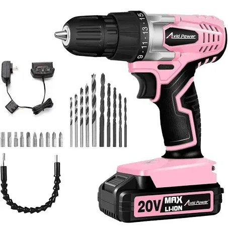 AVID POWER 20V MAX Lithium lon Cordless Drill Set, Power Drill Kit with Battery and Charger, 3/8-Inch Keyless Chuck, Variable Speed, 16 Position and 22pcs Drill Bits (Pink)