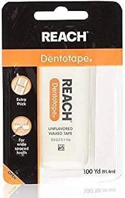 Reach Dentotape Waxed Dental Floss with Extra Wide Cleaning Surface for Large Spaces between Teeth, Unflavored, 100 Yards (Pack of 6)