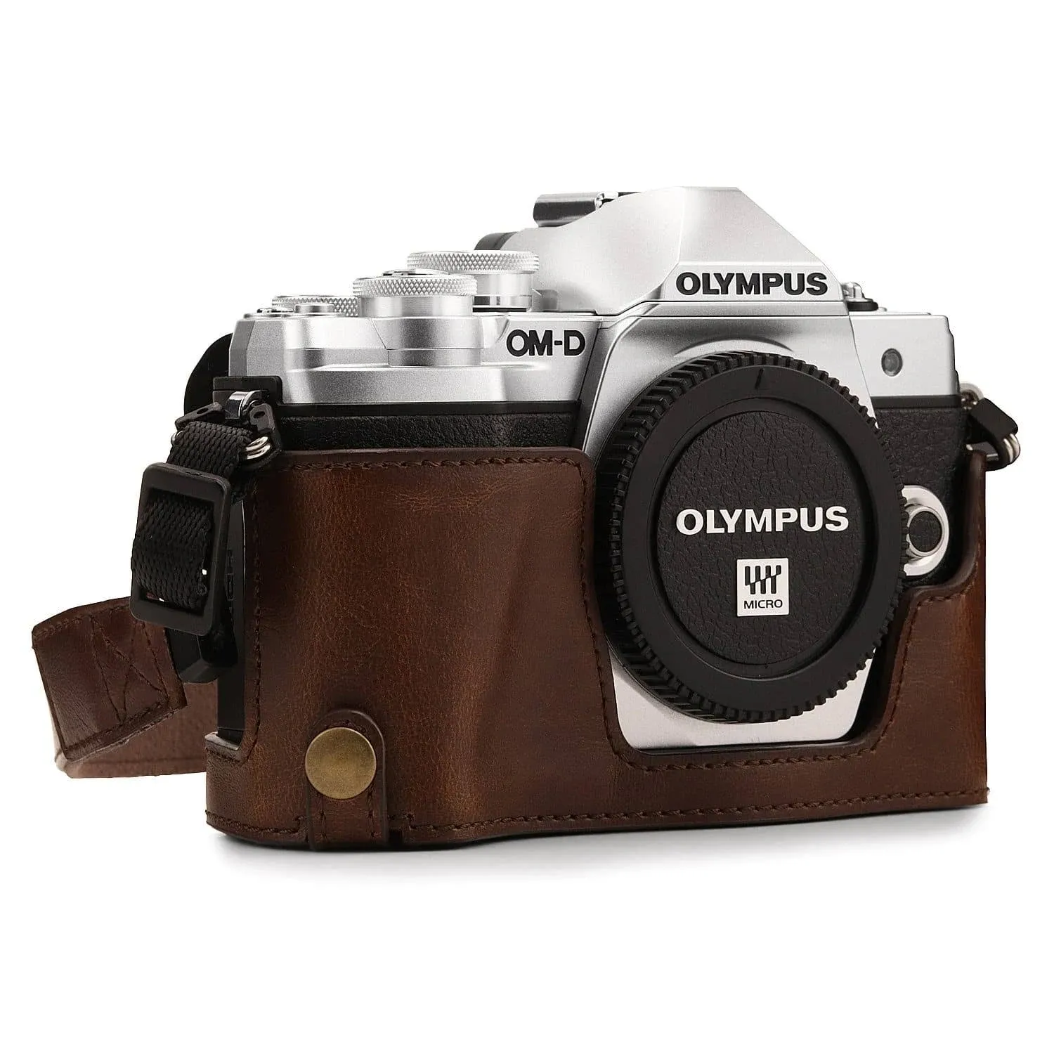 MegaGear MG1351 Ever Ready Leather Half Case and Strap with Battery Access for Olympus OM-D E-M10 Mark III Camera - Dark Brown