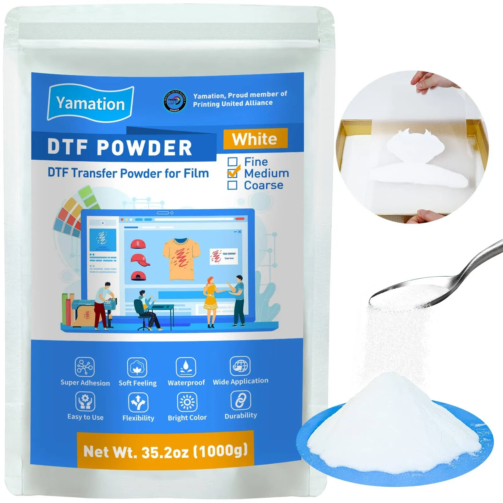 Yamation DTF Powder Adhesive White 35.2 oz / 2.2 lbs DTF Transfer Powder Hot Melt Adhesive applies to All DTF Transfer Printers for Digital Prints on T-Shirts DTF Supply with DTF PET Film and Ink