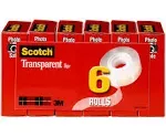 Scotch Transparent Tape 3/4 inch x 1296 inch 1 inch Core Clear 6/Pack