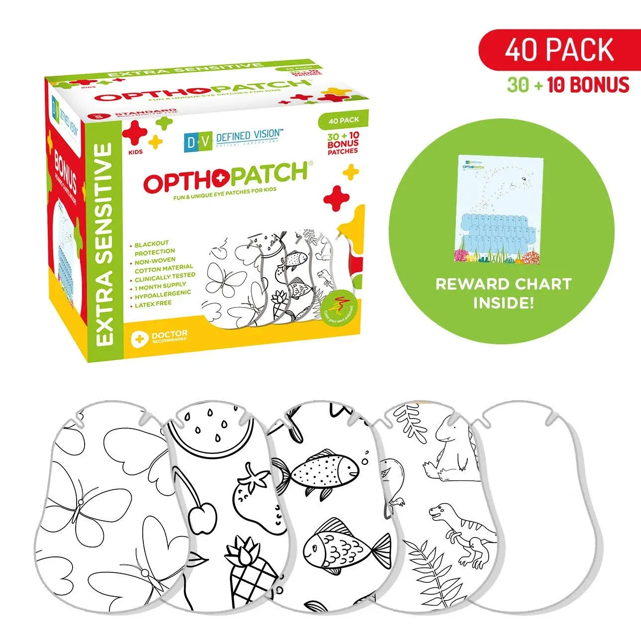 Opthopatch Color Your Own Adhesive Eye Patch for Kids 40 Pack + 1 Rewards Chart