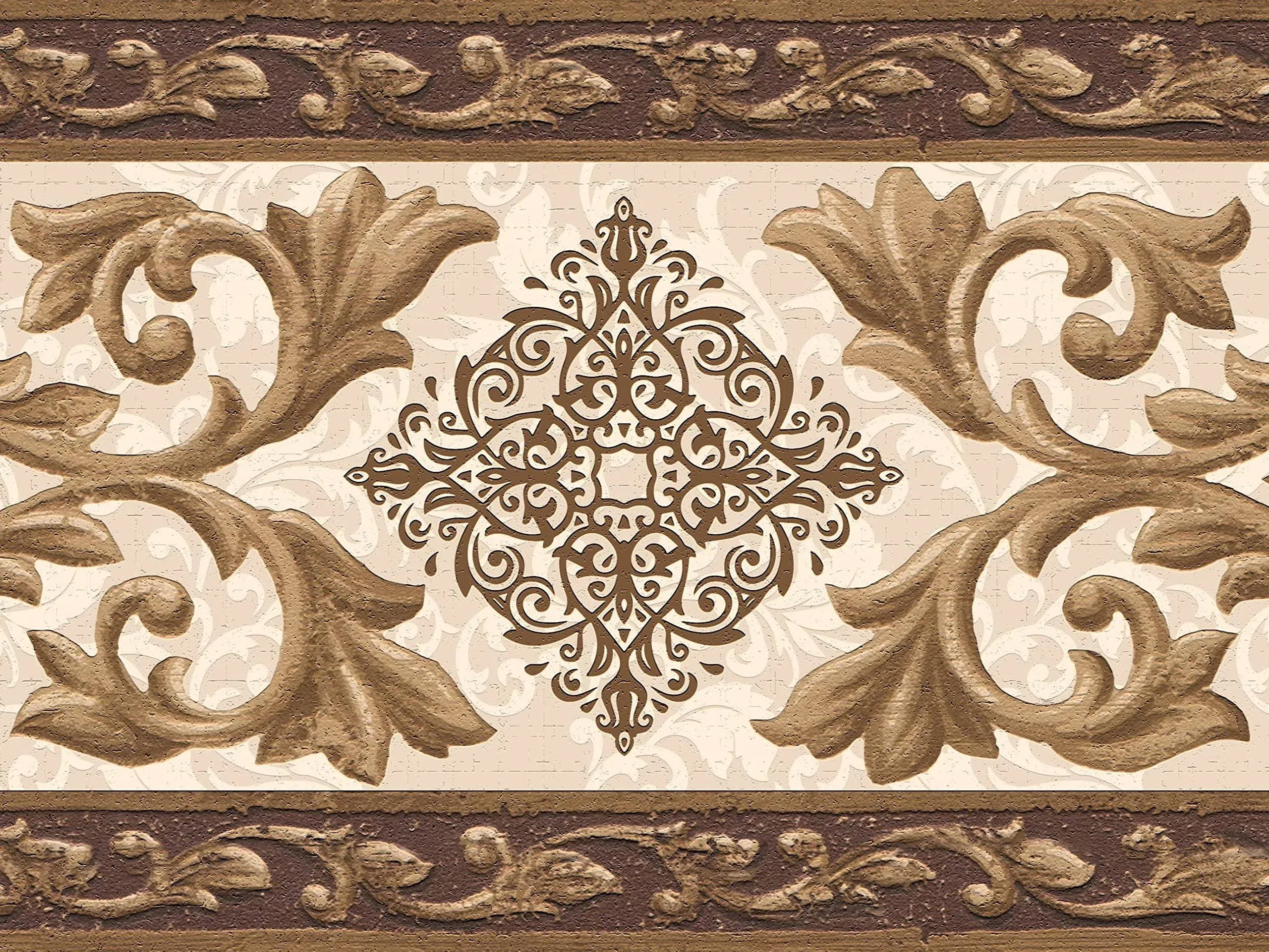 Dundee Deco DDAZBD9103 Peel and Stick Wallpaper Border - Damask Gold Brown Scrol