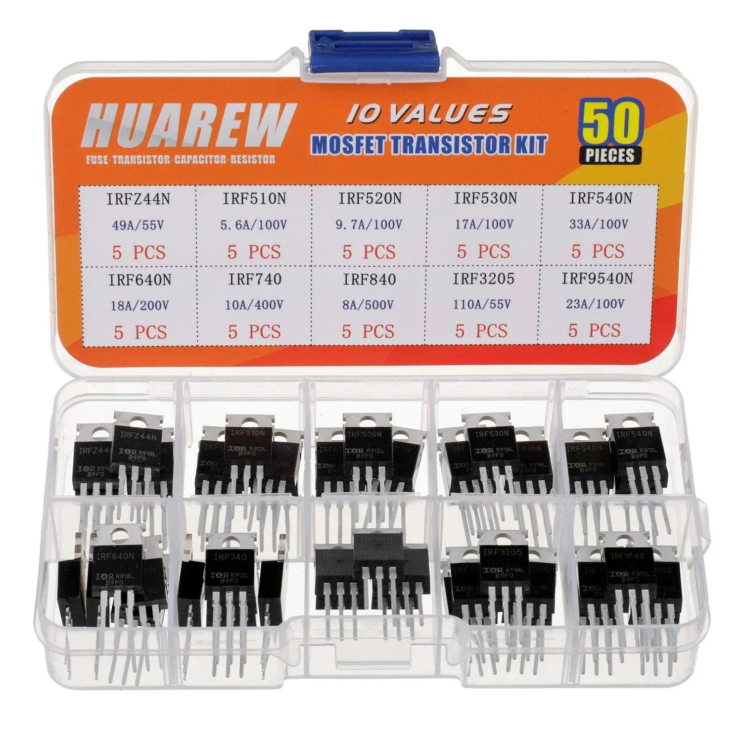 HUAREW 10 Values 50 Pcs MOSFET Transistors IRF510N IRF520N IRF530N IRF540N IRF64