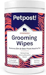 Petpost | Grooming Wipes for Dogs - Large, Deodorizing Wipes with Cherry Blossom Scent - 70 Ultra Soft Cotton Pads in Cleansing Solution (Cherry Blossom)