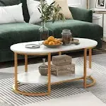 Tangkula Modern Coffee Table, 39” Oval Center Table w/White Faux Marble Top & Gold Finished Metal Frame (Modern, White, 39 Inch)