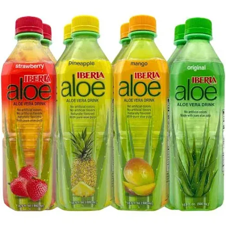 Iberia Aloe Vera Drink with Pure Aloe Pulp, Variety, (Pack of 8) 2 x Original, 2 x Mango, 2 x Pineapple, 2 x Strawberry