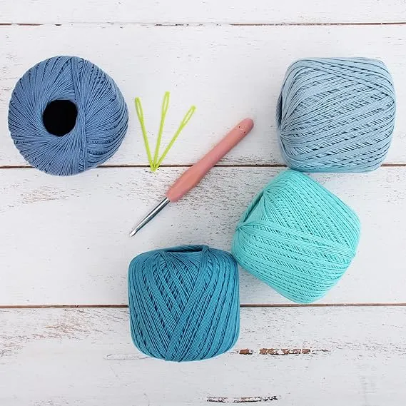 100% Pure Cotton Crochet Thread Set by Threadart - Size 10 - Summer Blues - Four 50g Balls