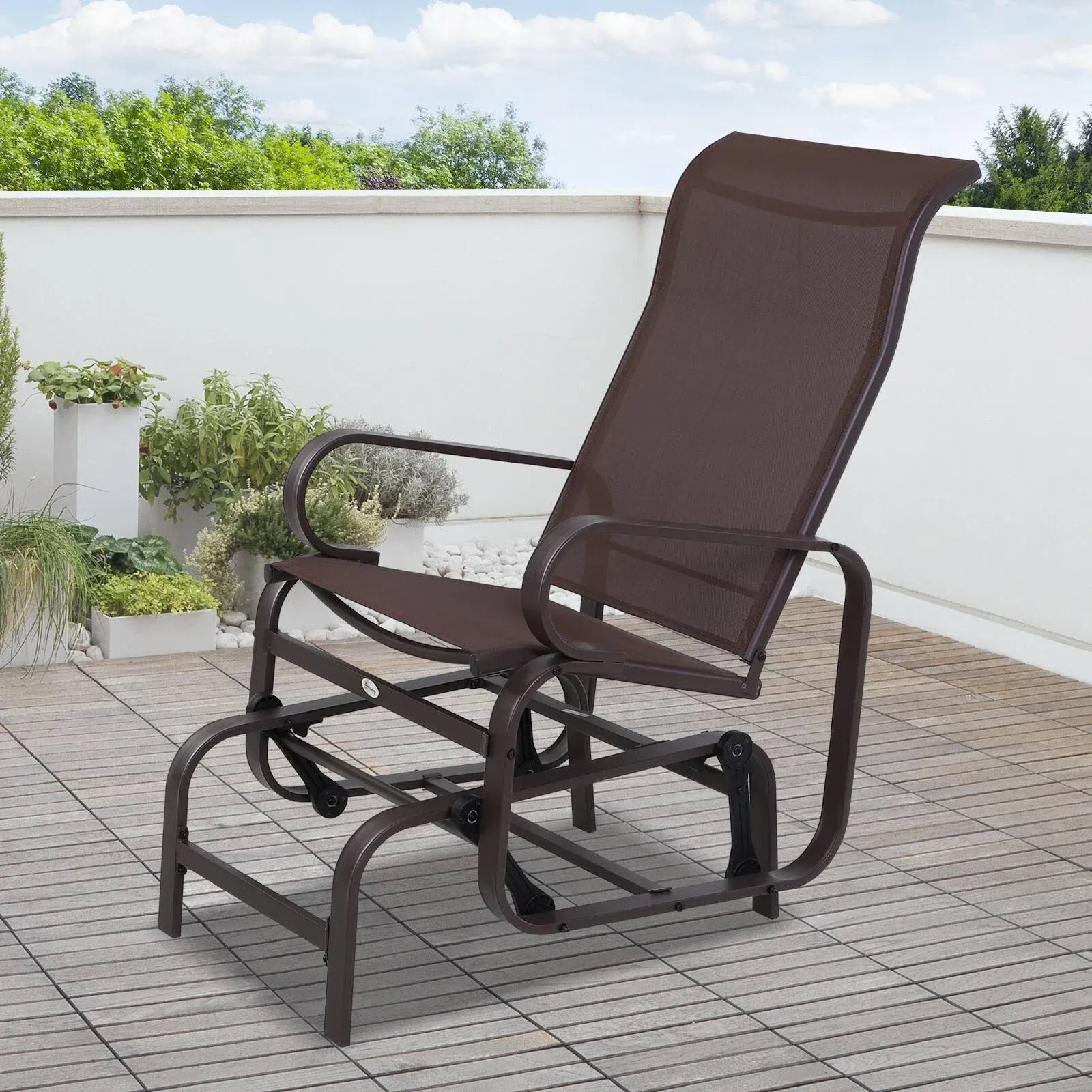 Outsunny Brown Metal Swinging Glider Patio Lounging Chair with Smooth Rocking Arms and Lightweight Construction for Backyard