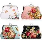 Oyachic 4 Packs Floral Coin Purse,Rose Kiss Lock Change Purse for Women,Small Cute Wallets with Clasp,Vintage Car Coin Pouch for Woman,Girls