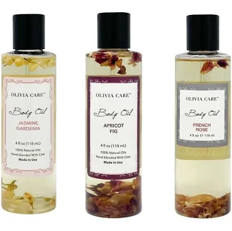 Olivia Care 3 Pack Body Oils: Apricot Fig, French Rose, Jasmine Gardenia - Natural Perfume Oils For Women & After Bath Oils Body Moisturizers, Rich in Vitamin E, K, & Omega (3 Scents)