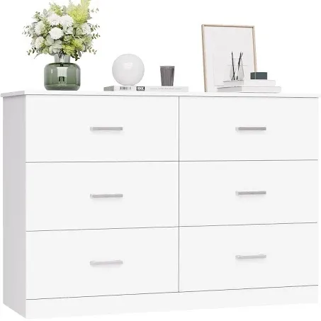 FOTOSOK White Dresser, 47.2'' Large 6 Drawer Dresser Wide Chest of Drawers for TV Stand, Modern Dresser White Floor Storage Drawer Cabinet for Home Office, White